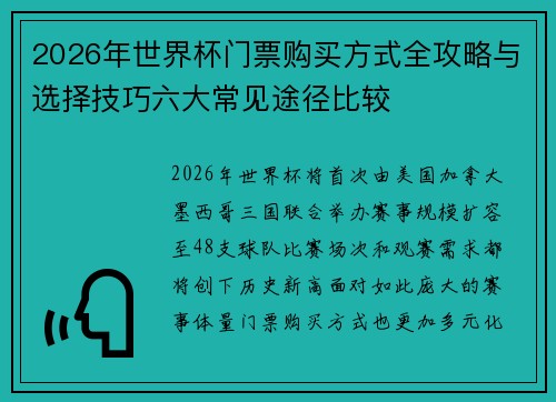 2026年世界杯门票购买方式全攻略与选择技巧六大常见途径比较 2026年世界杯门票购买方式全攻略与选择技巧六大常见途径比较