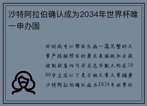 沙特阿拉伯确认成为2034年世界杯唯一申办国 沙特阿拉伯确认成为2034年世界杯唯一申办国