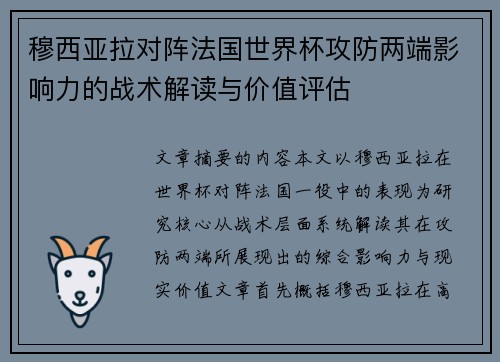 穆西亚拉对阵法国世界杯攻防两端影响力的战术解读与价值评估 穆西亚拉对阵法国世界杯攻防两端影响力的战术解读与价值评估
